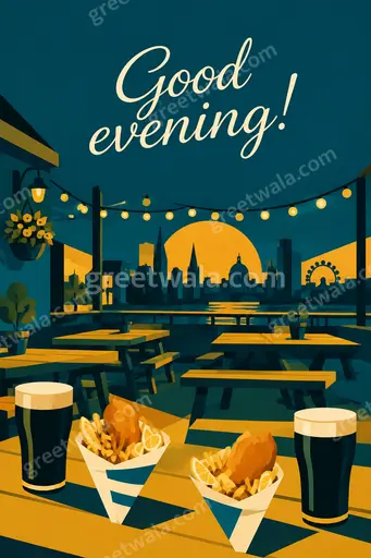 Modern flat vector card displays Good evening! in elegant type amid a calm sunset glow and peaceful silhouettes.