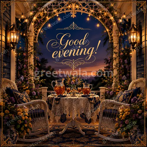 Ornate traditional Good Evening card with golden motifs, warm sunset hues, elegant typography displaying Good evening! gracefully.