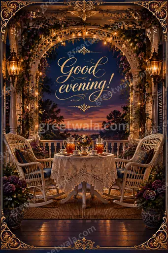 Ornate traditional Good Evening card with glowing sunset motifs, elegant gold flourishes, and warm welcoming ambiance in English.