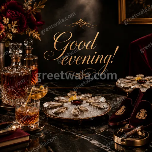 Elegant twilight scene with glowing sunset hues and serene silhouettes framing warm Good evening greetings.