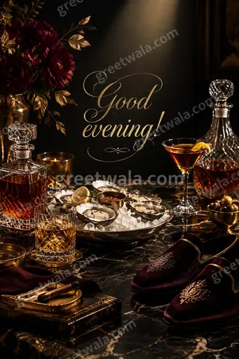 Elegant twilight scene with glowing sky, serene silhouettes, and luxurious 'Good evening!' lettering in warm premium style.
