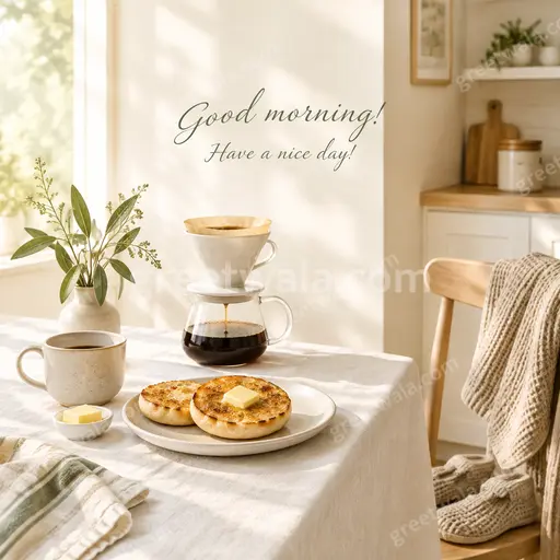Elegant minimal Good Morning card with soft dawn light, gentle calm mood and cheerful Have a nice day warmth.