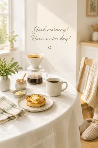 Elegant minimal Good Morning card with soft sunrise tones, calm typography, and peaceful cheerful morning mood.