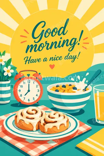 Cheerful modern flat vector sunrise card displaying Good Morning greeting with warm uplifting peaceful vibes.