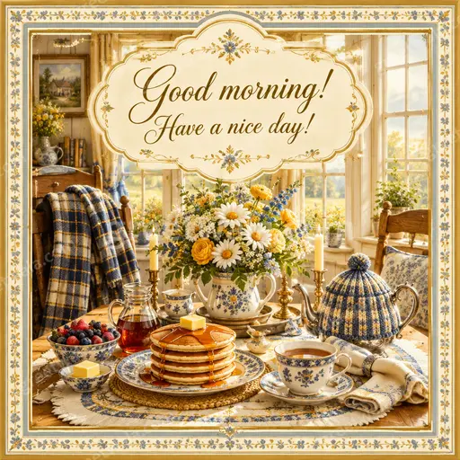 Ornate traditional Good Morning card displaying 'Good morning! Have a nice day!' with golden florals and warm cheerful elegance.