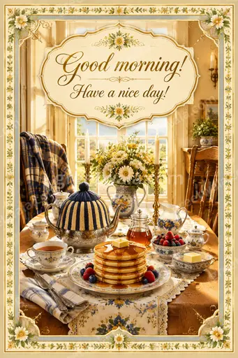 Ornate traditional Good Morning card with golden floral motifs conveying warm cheerful blessings for a nice day.