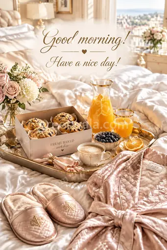 Premium sunrise card with soft golden light, blooming flowers, and cheerful Good morning! Have a nice day! greeting.
