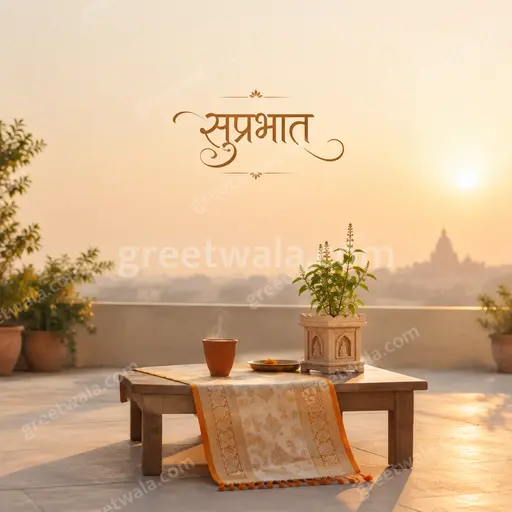 Elegant minimal Good Morning card displaying सुप्रभात with soft sunrise hues, delicate florals, and serene peaceful ambiance.
