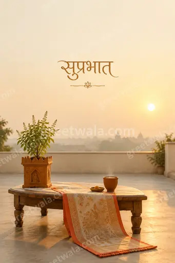 Elegant minimal Good Morning card displaying सुप्रभात with soft sunrise hues and calm serene peaceful morning ambiance.
