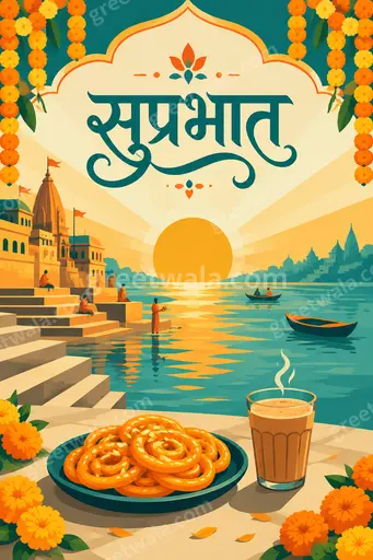 Cheerful flat vector sunrise with soft orange sky, birds and flowers framing elegant Hindi सुप्रभात text.