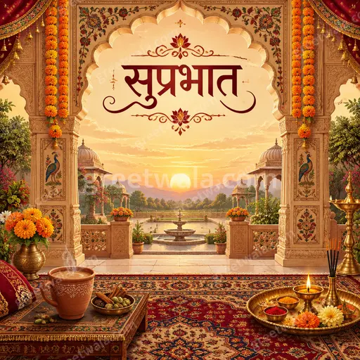 Ornate traditional Hindi Good Morning card showing सुप्रभात with golden temple motifs, soft sunrise glow and serene devotional warmth.