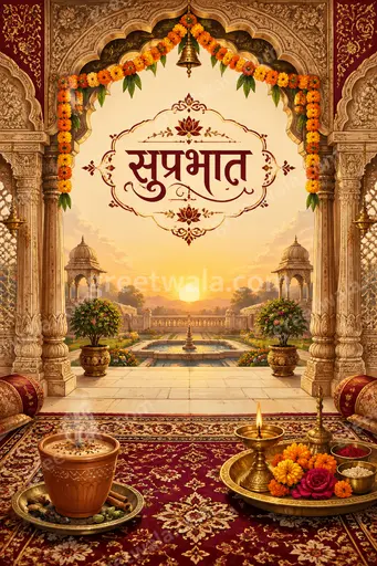 Ornate traditional Hindi Good Morning card displaying सुप्रभात with golden floral motifs radiating warm peaceful devotion.