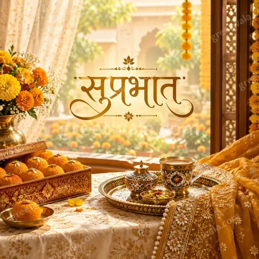 Elegant premium Good Morning showcase card displaying सुप्रभात with serene sunrise hues and graceful floral accents.