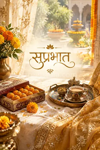 Radiant sunrise blooms over serene lotus pond with golden सुप्रभात lettering in elegant premium festive style.