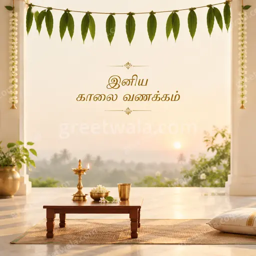 Elegant minimal Good Morning card with soft sunrise tones displaying இனிய காலை வணக்கம் in serene graceful style.