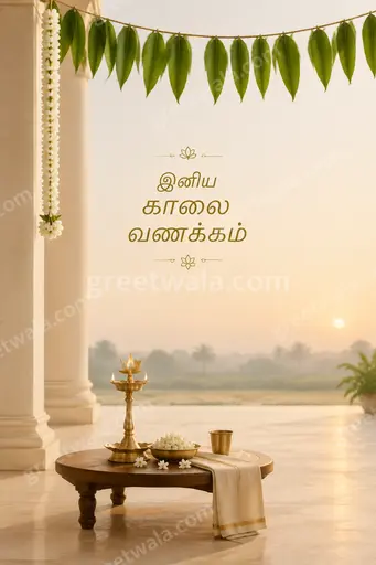 Elegant minimal Good Morning card with soft sunrise glow, peaceful calm mood and graceful Tamil typography.