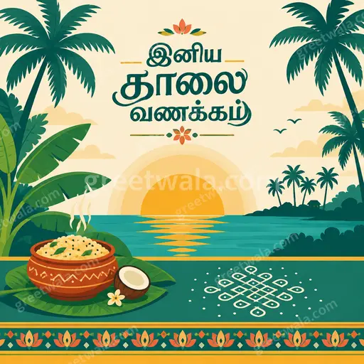 Cheerful modern flat vector sunrise with soft hues, birds and flowers framing Tamil greeting இனிய காலை வணக்கம்.