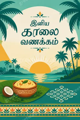 Cheerful flat vector sunrise scene with soft orange hues, birds, flowers, and Tamil text wishing a bright peaceful morning.