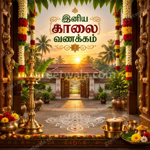 Ornate traditional card displaying 'இனிய காலை வணக்கம்' in warm sunrise tones evoking peaceful auspicious morning blessings.