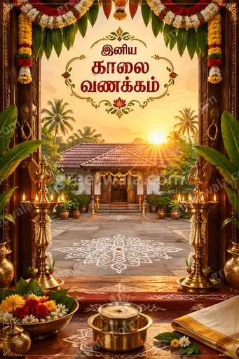 Ornate traditional Good Morning card in Tamil displaying இனிய காலை வணக்கம் with warm sunrise florals and golden elegant glow.