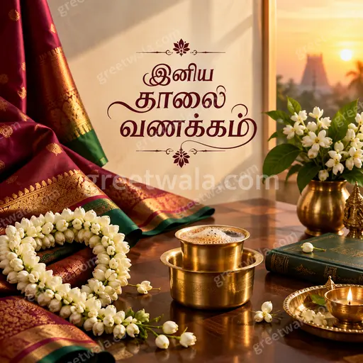 Radiant sunrise over blooming flowers with elegant golden Tamil greeting, creating warm, peaceful, uplifting premium morning ambiance.