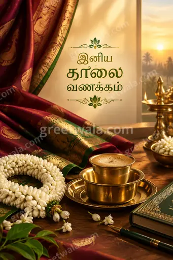 Serene golden sunrise illuminates blooming lotuses, showcasing 'இனிய காலை வணக்கம்' in elegant premium festive style.