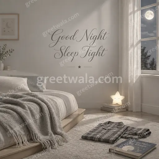 Elegant minimal Good Night card with 'Good Night Sleep Tight' in soft moonlit tones and calm dreamy serenity.