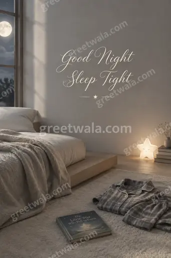 Elegant minimal Good Night card with Good Night Sleep Tight text in calm moonlit dreamy style.
