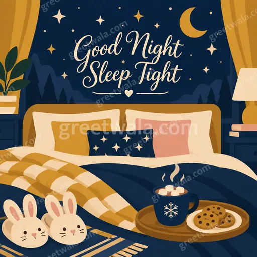Modern flat vector Good Night card with cozy moonlit blues, peaceful stars, and cheerful 'Good Night Sleep Tight' lettering.