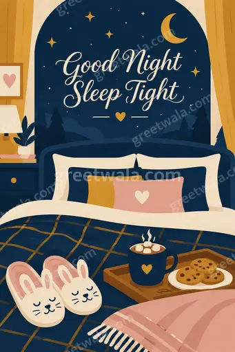 Cozy modern flat vector night scene in deep blues with moon, stars, and Good Night Sleep Tight text.