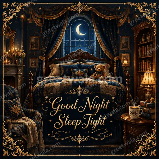 Ornate traditional Good Night card displaying 'Good Night Sleep Tight' amid moonlit stars and golden elegant patterns.