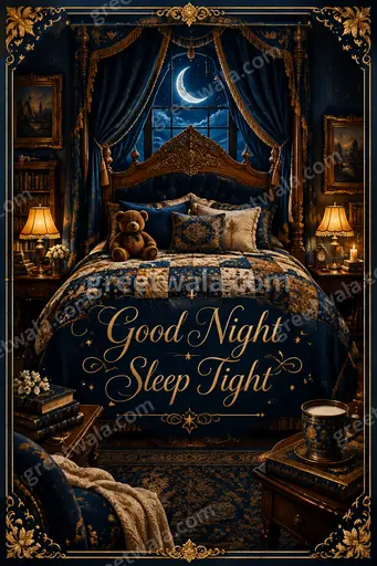 Ornate traditional Good Night card with moonlit glow, elegant patterns, and peaceful 'Good Night Sleep Tight' message.