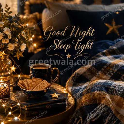 Premium Good Night card displaying 'Good Night Sleep Tight' with serene moonlit sky and cozy dreamy elegance.