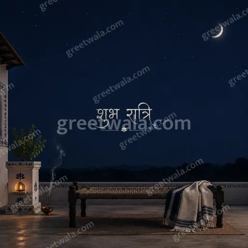 Elegant minimal Hindi Good Night card displaying 'शुभ रात्रि' with calm moonlit tones and peaceful serene nighttime mood.