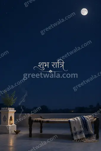 Elegant minimal Good Night card displaying शुभ रात्रि in soft gold lettering against a calm midnight-blue starry background.