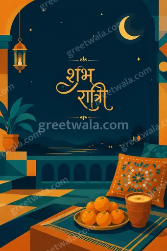 A serene flat vector night sky with moon, stars, and sleeping village beneath glowing शुभ रात्रि text.