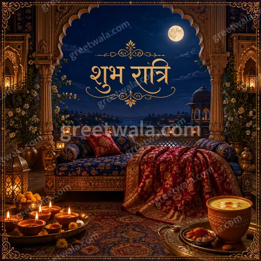 Ornate traditional Good Night card displaying शुभ रात्रि in glowing gold script amid peaceful moonlit floral motifs.