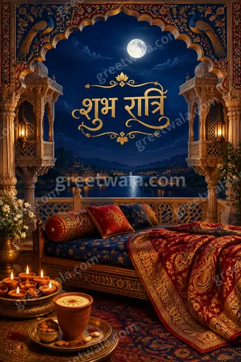 Ornate traditional Good Night card displaying शुभ रात्रि with moonlit patterns, warm golden tones, and peaceful serene elegance.