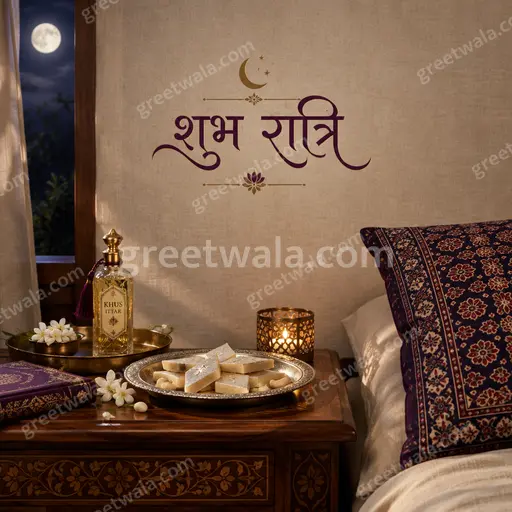 Premium Good Night card displaying शुभ रात्रि amid tranquil moonlit night, soft stars, serene blue tones, elegant peaceful charm.