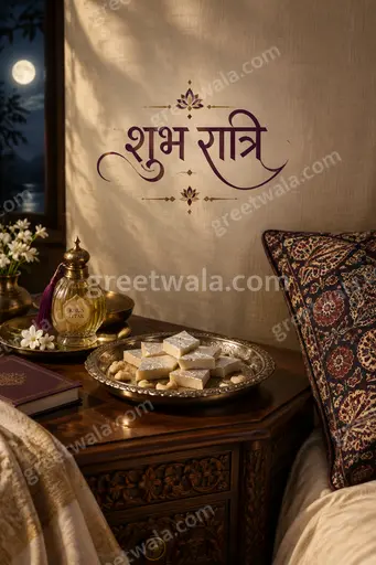 Premium Good Night card displaying 'शुभ रात्रि' beneath a serene moonlit sky with soft glowing stars and peaceful elegance.