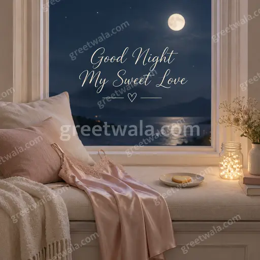 Elegant minimal romantic card with soft moonlight hues, delicate stars, and tender Good Night My Sweet Love lettering.
