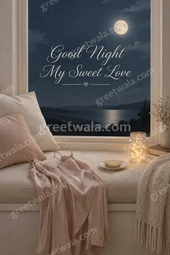 Elegant minimal Good Night My Sweet Love card with soft moonlight, tender romance and peaceful dreamy calm.