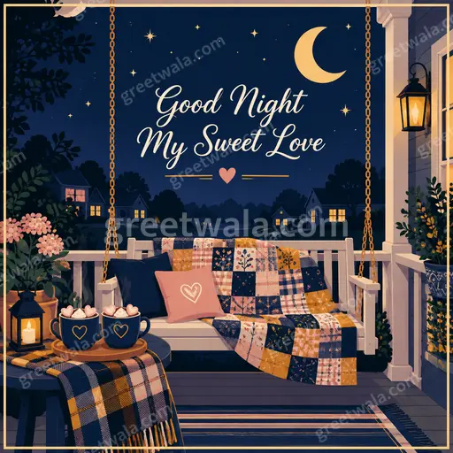 Modern flat vector romantic card displaying 'Good Night My Sweet Love' under moonlit stars in dreamy cozy style.