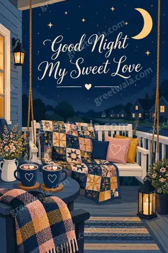 Modern flat vector card displays Good Night My Sweet Love beneath glowing moon, stars, soft tender romantic calm.
