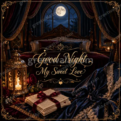 Ornate traditional romantic good night card with glowing moonlit florals and elegant gold lettering reading Good Night My Sweet Love.