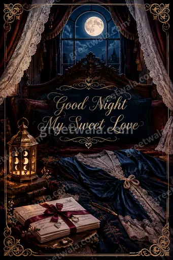 Ornate traditional romantic card with moonlit florals glowing softly around Good Night My Sweet Love lettering.