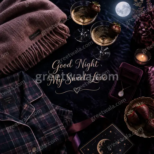 Dreamy moonlit night with glowing stars, soft roses, and elegant golden 'Good Night My Sweet Love' lettering.