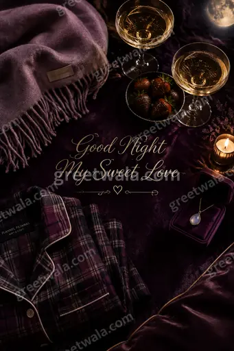 Dreamy moonlit romantic Good Night My Sweet Love card with glowing stars, soft hearts, and tender premium elegance.