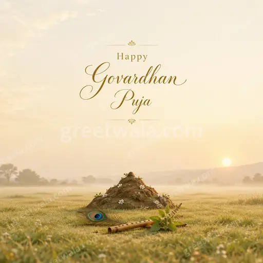 Elegant minimal cream card featuring Happy Govardhan Puja text with delicate hill motif, peaceful devotional festive mood.