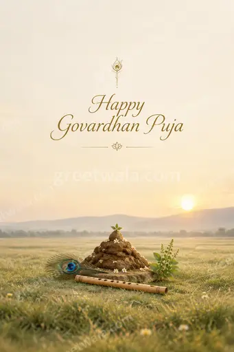 Elegant minimal Govardhan Puja card with soft golden tones, serene hill motif, and Happy Govardhan Puja text.